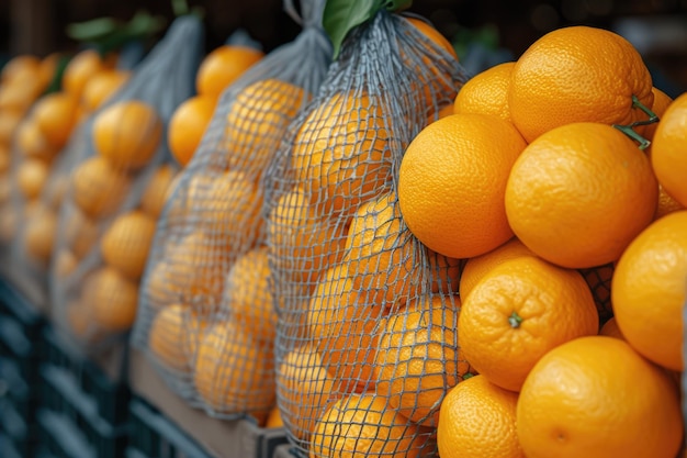 Fresh oranges packed in a mesh bag at a market