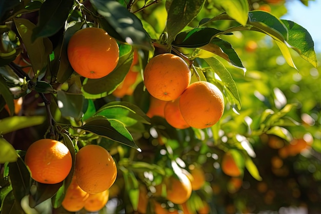 Fresh oranges on a tree in the sunshine