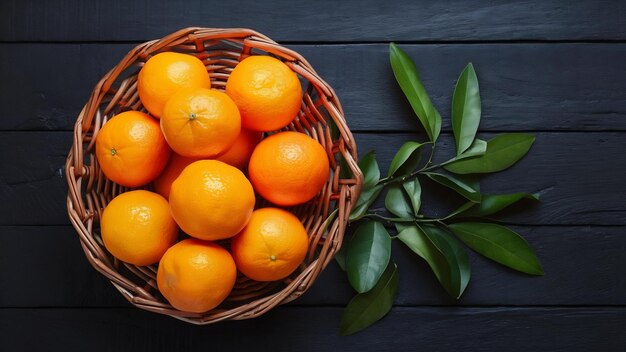 Fresh oranges in a wicker basket with branch side view on black and wooden table