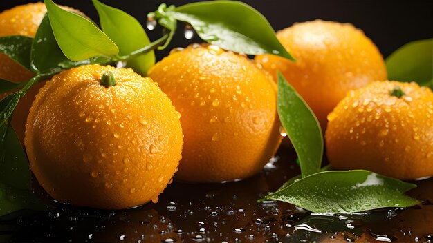 Photo fresh oranges with leaves on a black background with water drops ai generative