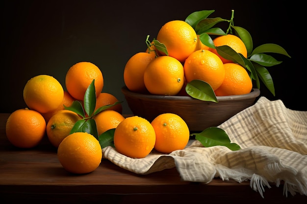 Fresh oranges with leaves on a wooden table