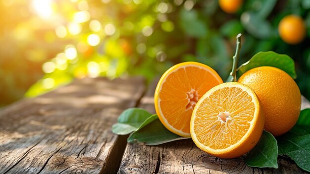 나무 바탕에 있는 신선한 오렌지, 선택적 초점, 생성적 인공지능