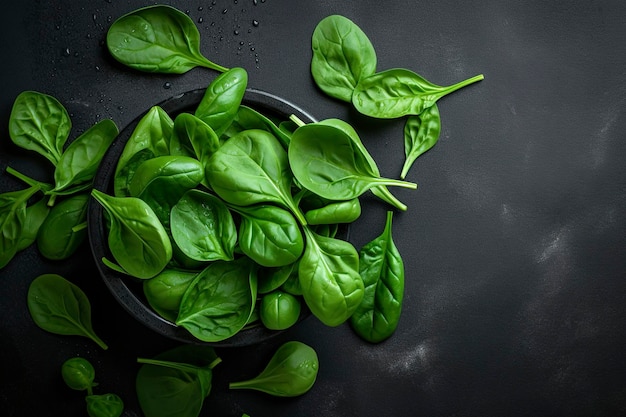 Fresh organic baby spinach leaves Top view with copy space generate ai