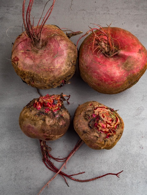 Fresh organic beet beetroot Grey background Close up