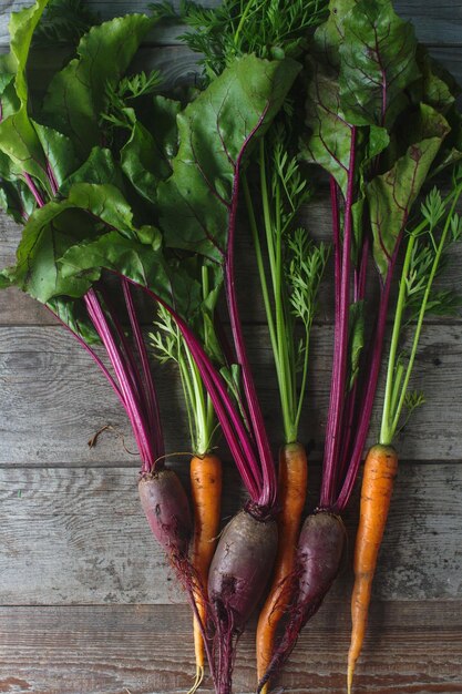 Fresh organic beet and carrot on rustic wooden background