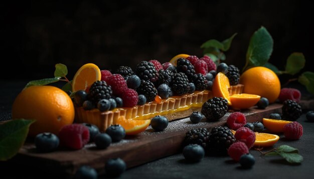 Fresh organic berry dessert on rustic wooden table generated by AI