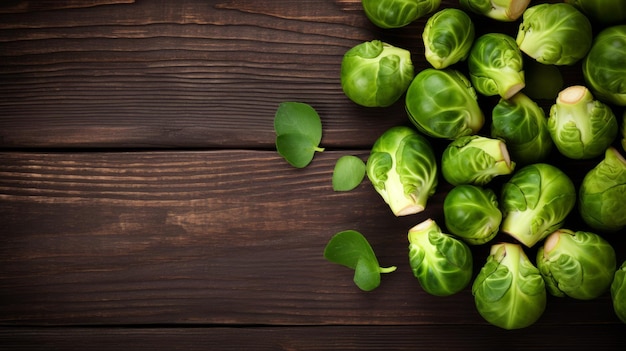 Fresh Organic Brussels Sprouts Vegetable Photorealistic Horizontal Background Healthy Vegetarian Diet Ai Generated Background with Brussels Sprouts Vegetable On Wooden Countertop with Copy Space