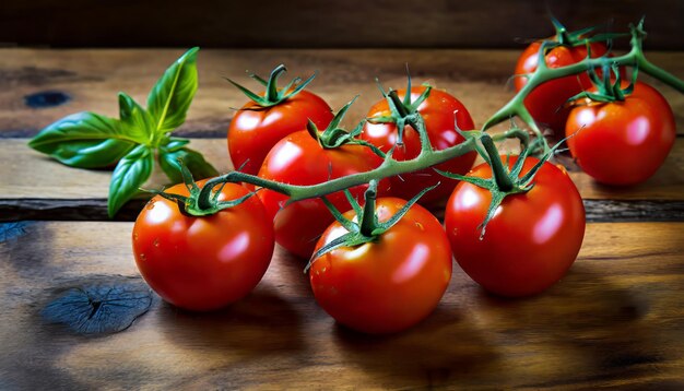 Fresh organic cherry tomatoes on wooden background