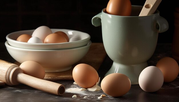 Fresh organic flour and eggs for homemade baking preparation generated by AI