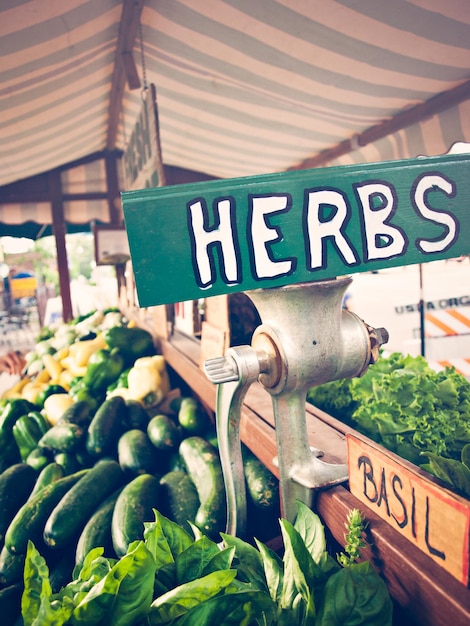 Fresh organic food at the local farmers market. Farmers markets are a traditional way of selling agricultural products.