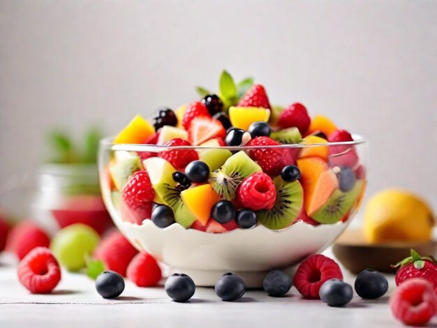 Fresh organic fruit salad on white table soft light background copy space