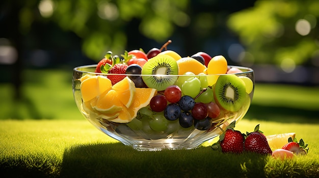 Fresh organic fruits in a glass bowl