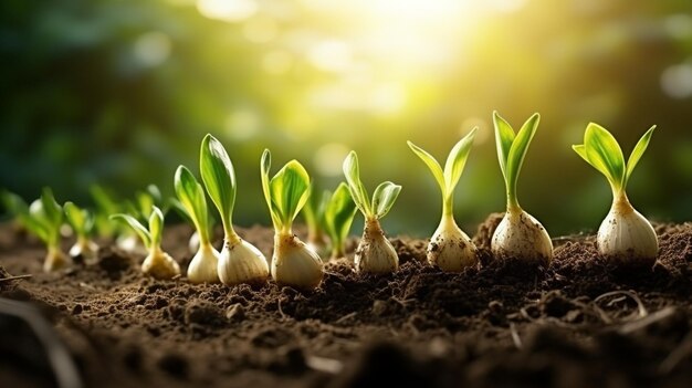 Photo fresh organic garlic in the soil on the background