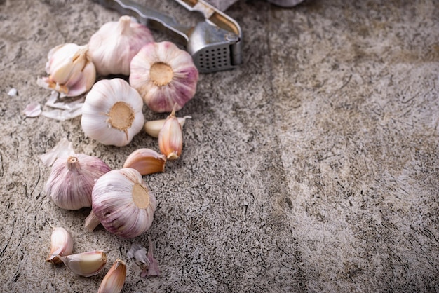 Fresh organic garlic on table