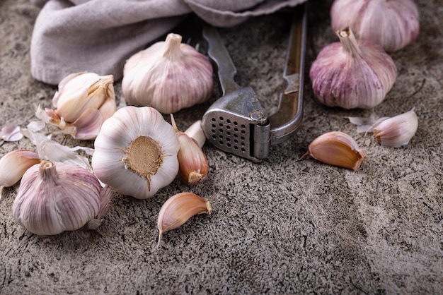 Fresh organic garlic on table