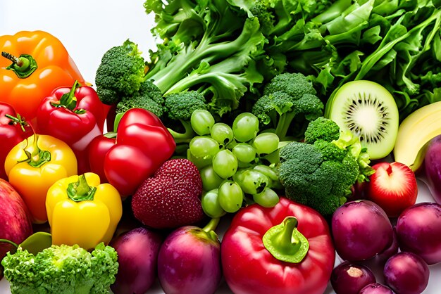 Fresh organic healthy vegetables and fruits with a white background ai generated