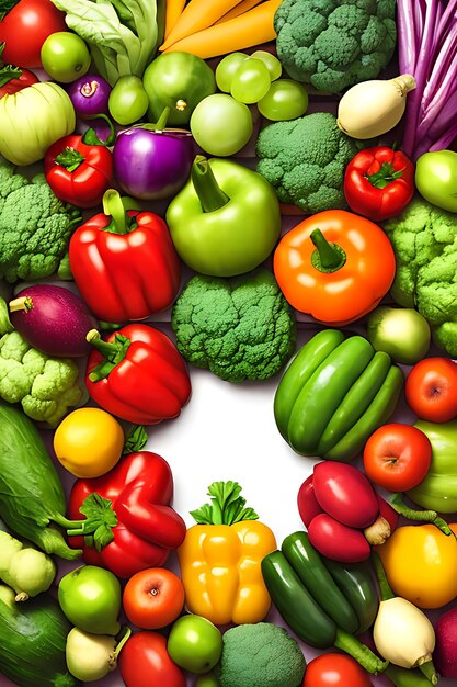 Свежие органические полезные овощи и фрукты на белом фоне, сгенерированные искусственным интеллектом