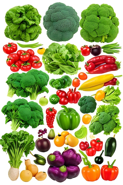 Fresh organic healthy vegetables and fruits with a white background AI generated