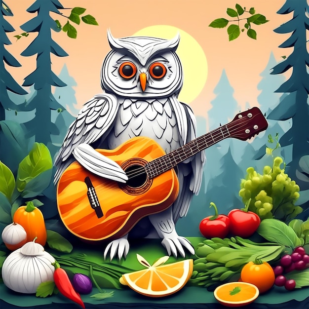 fresh organic healthy vegetables and fruits with a white background owl plays a guitar and sings