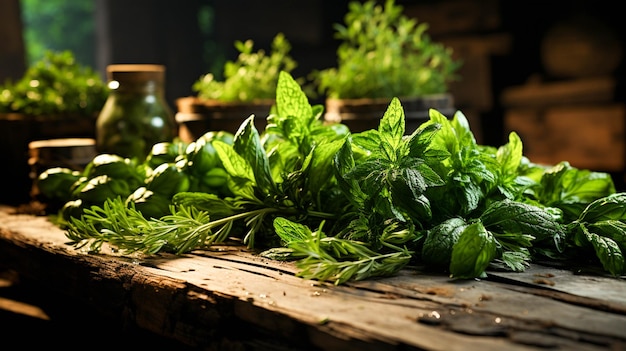 Fresh organic herbs leaves and wood create a relaxing aroma