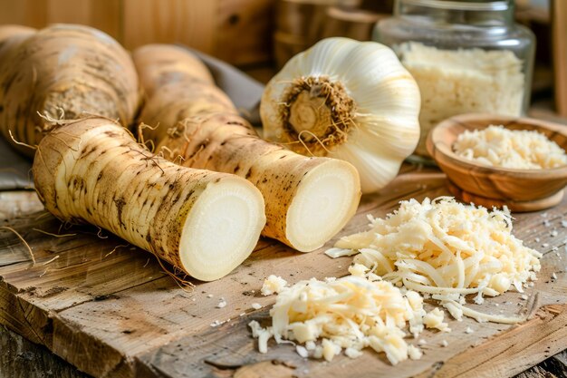 Fresh Organic Horseradish Roots and Grated Horseradish on Wooden Board in Rustic Kitchen Setting