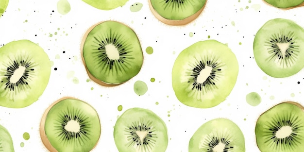 Fresh Organic Kiwi Fruit Horizontal Watercolor Illustration