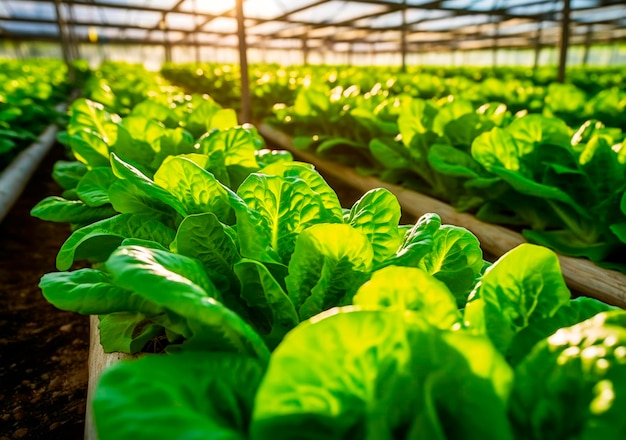 Fresh organic lettuce in a rural greenhouse rows of lettuce seedlings lettuce ready to pick for a