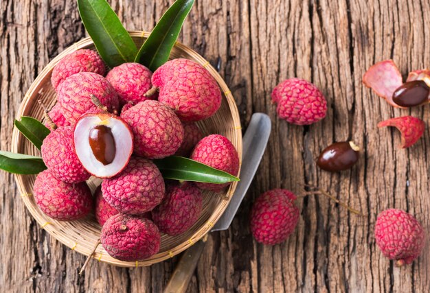 fresh organic lychee fruit on basket