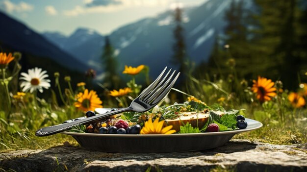 Photo fresh organic meal on silverware outdoors with nature