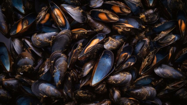 Fresh organic mussels horizontal background