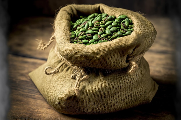 Fresh organic naturally scented green coffee beans in a textile sack in a factory or warehouse high quality agricultural grains used in the manufacturing of coffee seeds for exporting coffee Nobo