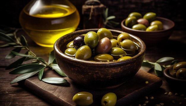 Photo fresh organic olive oil a healthy ingredient for gourmet cooking generated by artificial intelligence