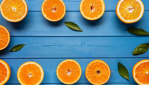 Fresh organic oranges halves fruits on blue wooden background with copy space