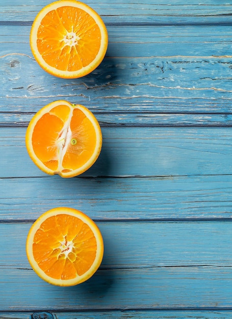 Fresh organic oranges halves fruits on blue wooden background with copy space