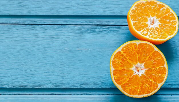 Foto arance organiche fresche dividono in due i frutti su uno sfondo di legno blu con spazio di copia