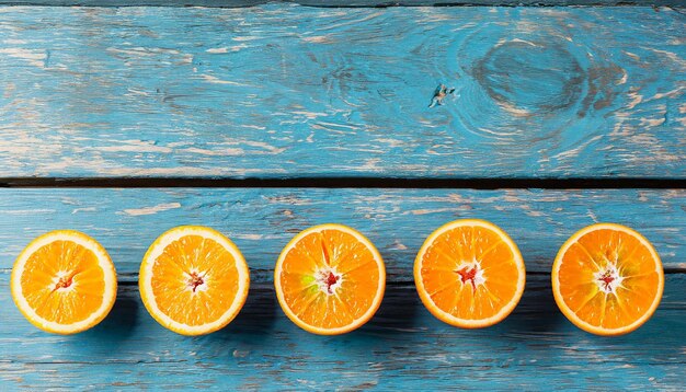 Fresh organic oranges halves fruits on blue wooden background with copy space