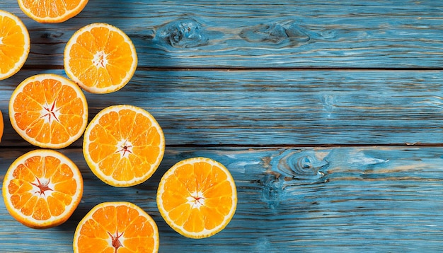 Fresh organic oranges halves fruits on blue wooden background with copy space