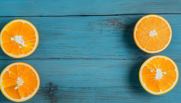 Fresh organic oranges halves fruits on blue wooden background with copy space