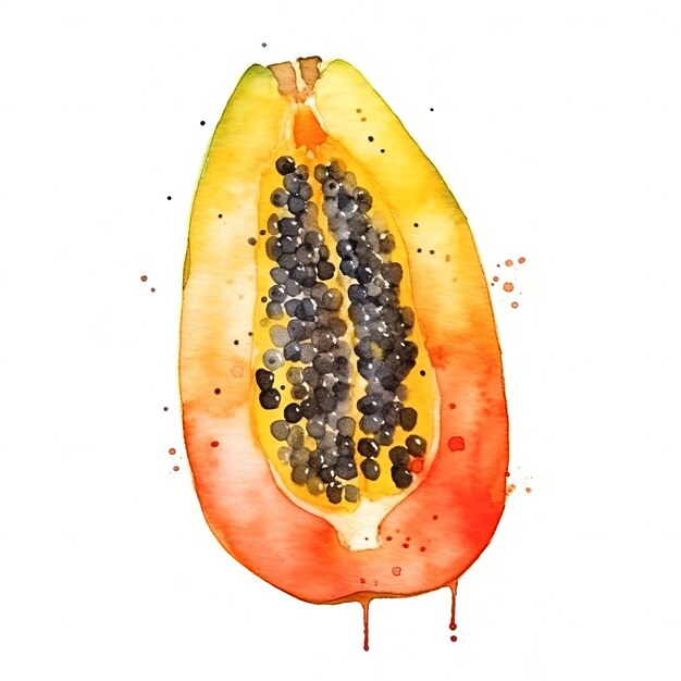 Fresh Organic Papaya Fruit Square Watercolor Illustration