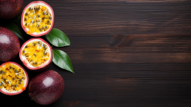 Fresh Organic Passion Fruit Photorealistic Horizontal Background Healthy Vegetarian Diet Ai Generated Background with Delicious Juicy Passion Fruit On Wooden Countertop with Copy Space