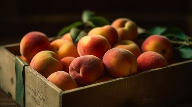 Fresh organic peaches in paper box summer food