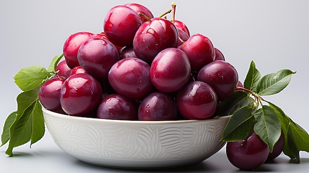 Fresh organic plum fruits in a plate on a white background