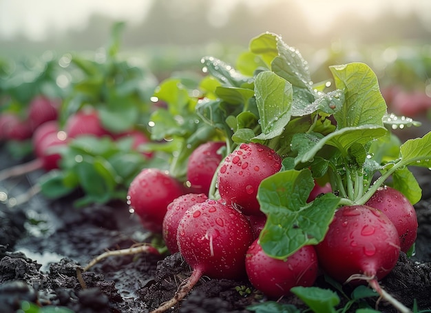 Fresh organic radishes on the field