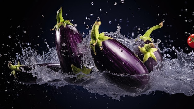 Fresh organic raw purple Eggplant Vegetables falling into water and splashes