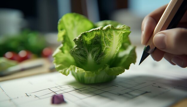 写真 人工知能によって生成された緑の野菜で木製のテーブルで新鮮なオーガニックサラダの準備