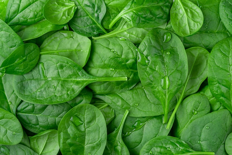 Photo fresh organic spinach background. healthy eating, top view.