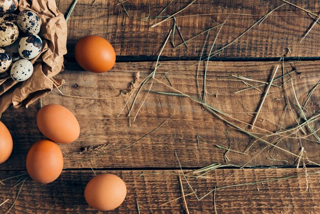 Свежий и органический. Вид сверху перепелиных яиц в мятой коричневой бумаге и коричневых яиц, лежащих на деревянном деревенском столе