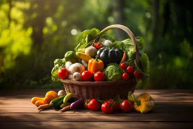 Foto verdure fresche biologiche varie in cesto di vimini su tavolo di legno in giardino concentramento selettivo concetto di raccolta sottofondo sano generato ai