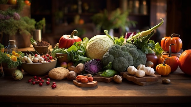 свежая органическая овощная еда на деревенском деревянном столе