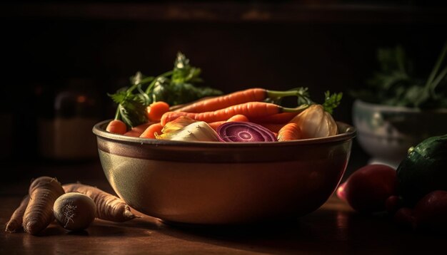 Foto insalata di verdure biologiche fresche su un tavolo di legno rustico con ingredienti salutari generati dall'intelligenza artificiale